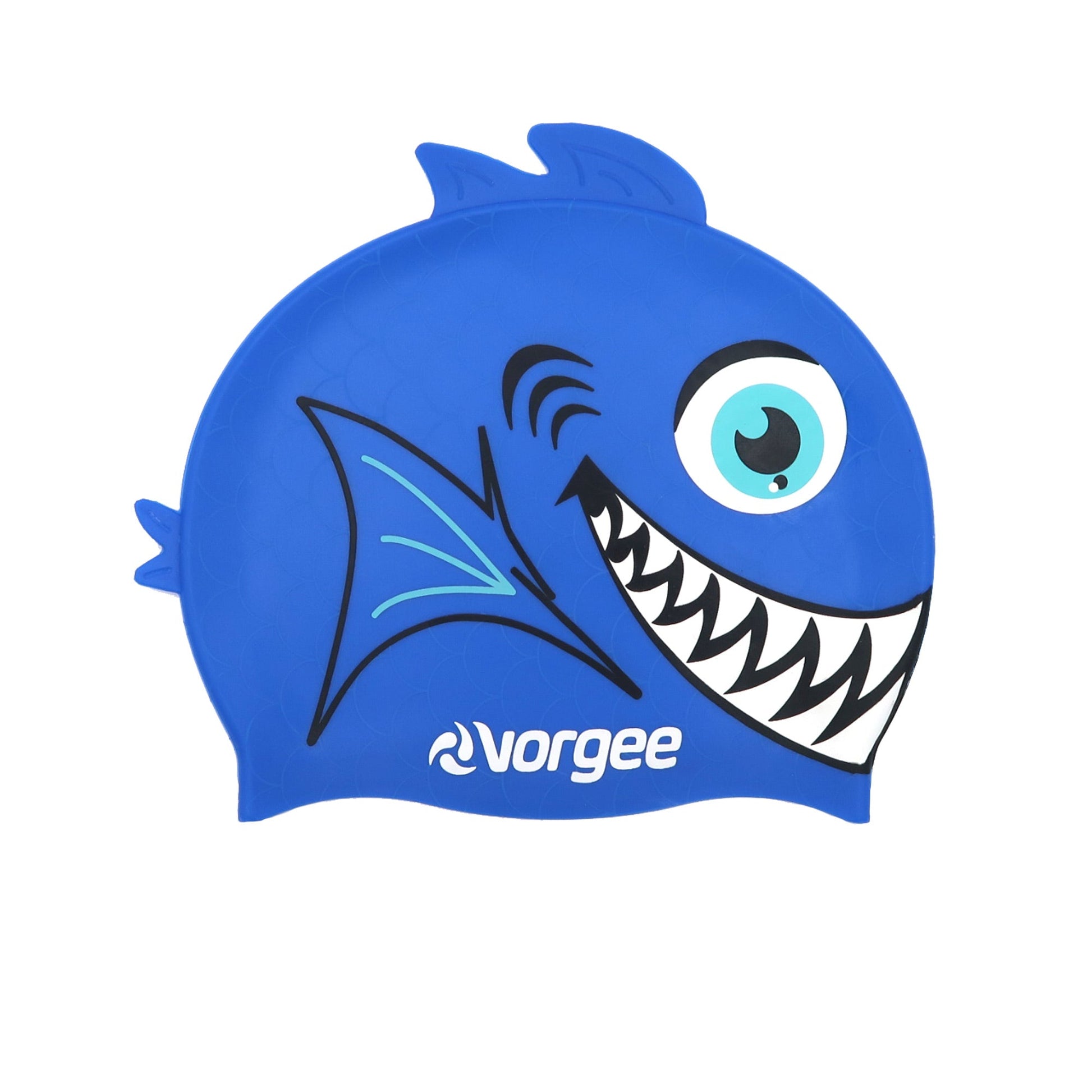 Piranha Fishhead junior silicone swimming cap with 3D fin and tail in royal blue