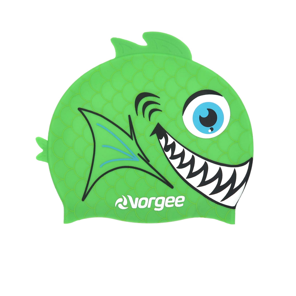 Piranha Fishhead junior silicone swimming cap with 3D fin and tail in fluro green 