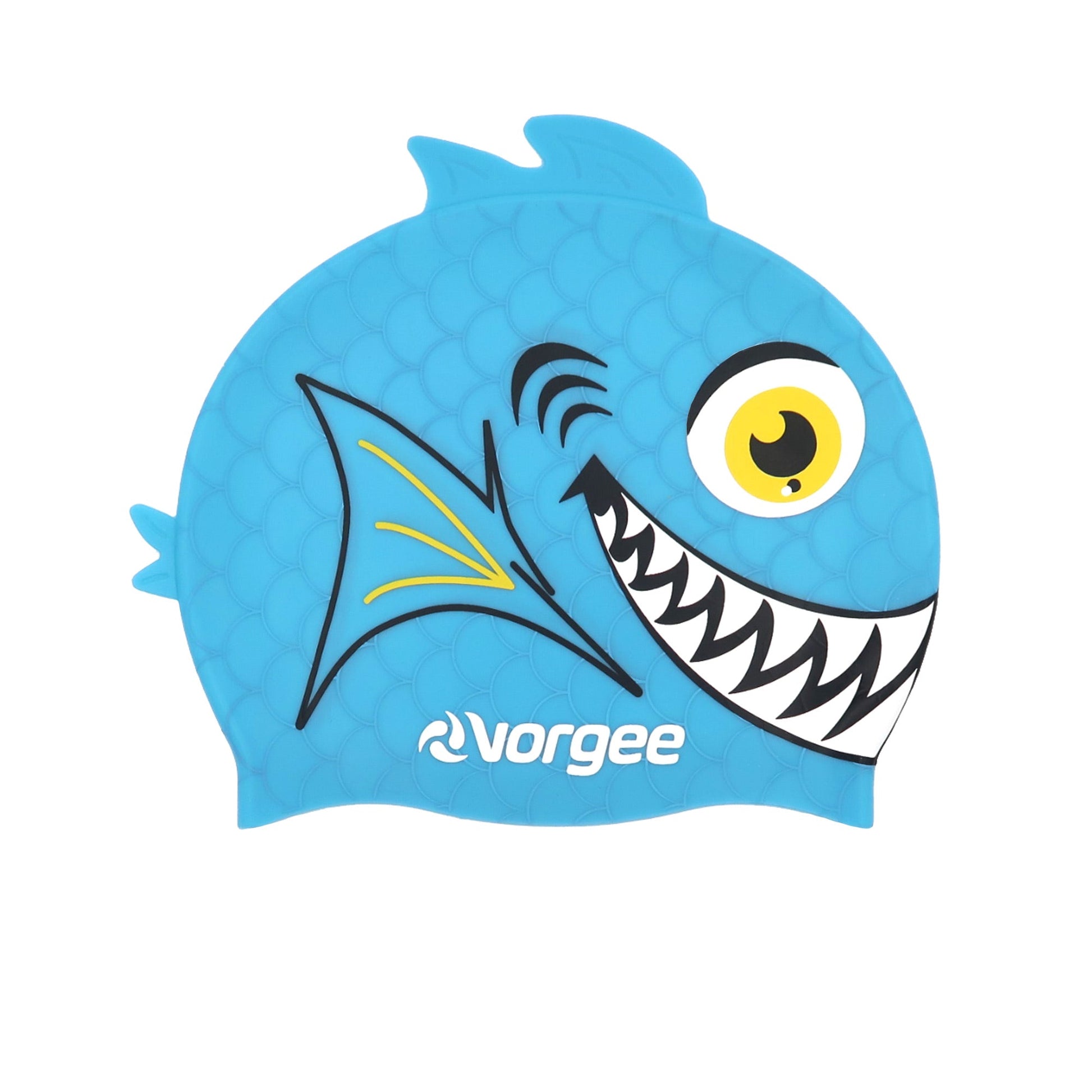Piranha Fishhead junior silicone swimming cap with 3D fin and tail in light blue 