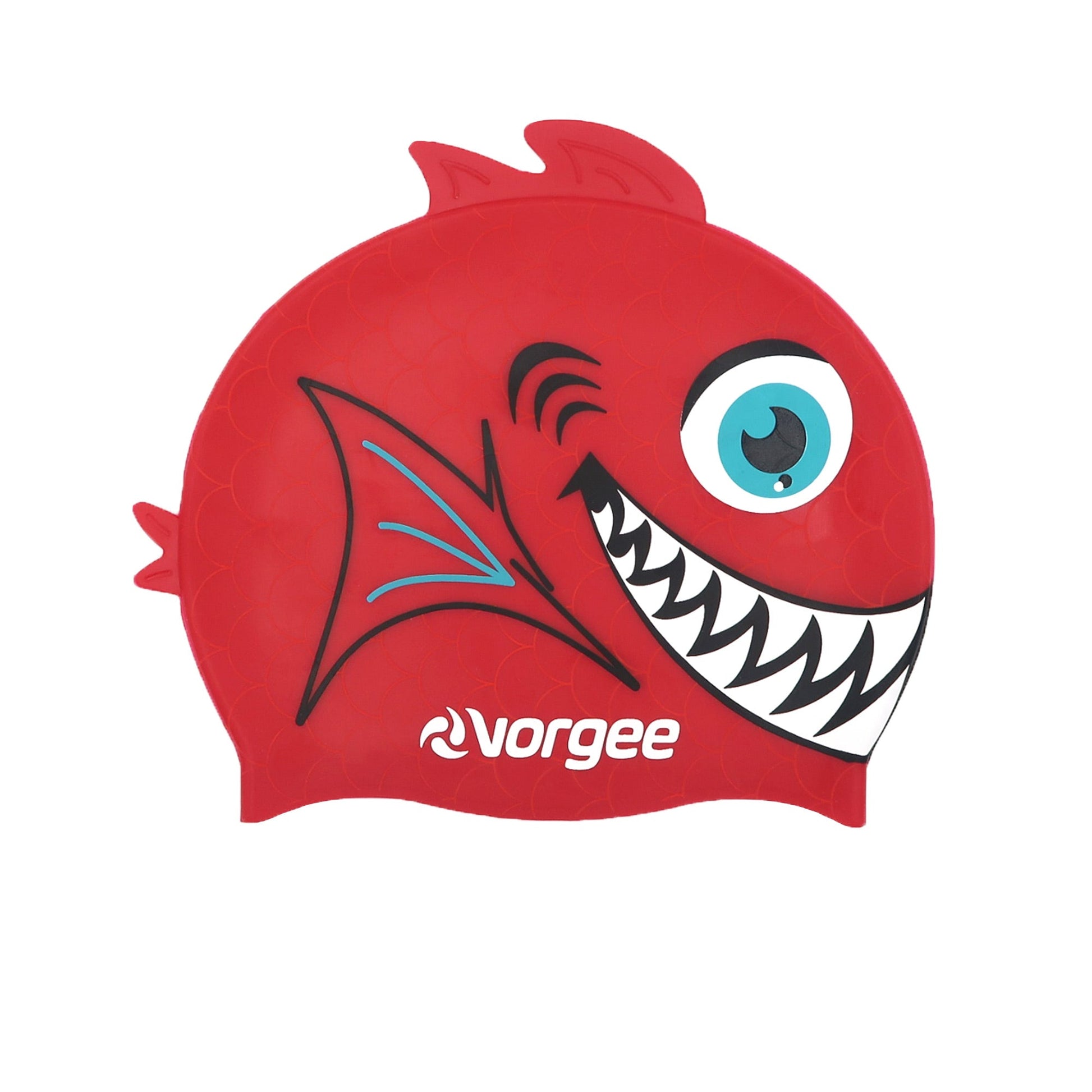 Piranha Fishhead junior silicone swimming cap with 3D fin and tail in red