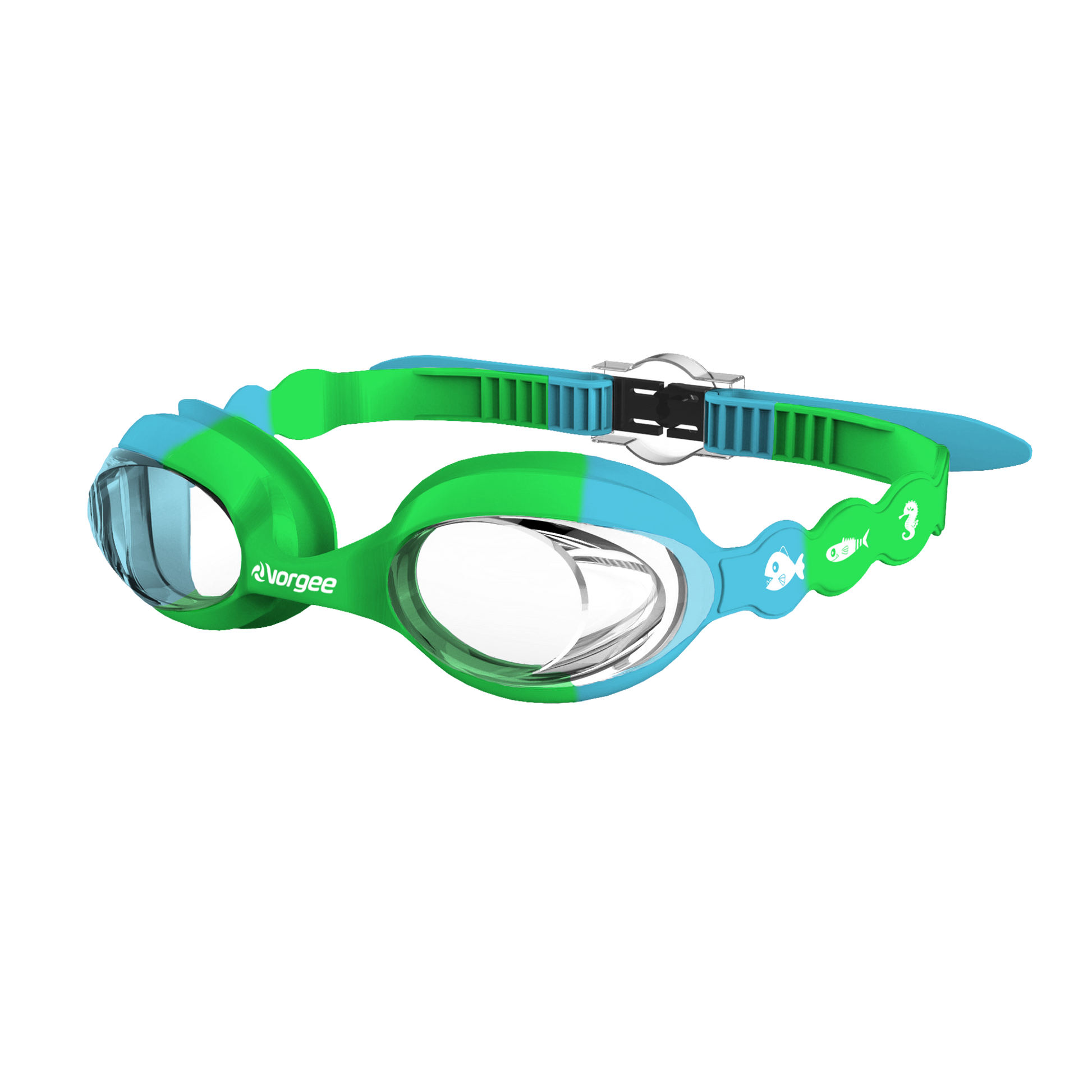 Seahorse Clear junior swimming goggle in Green & Blue with white sea animals printed on the straps