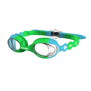 Seahorse Clear junior swimming goggle in Green & Blue with white sea animals printed on the straps