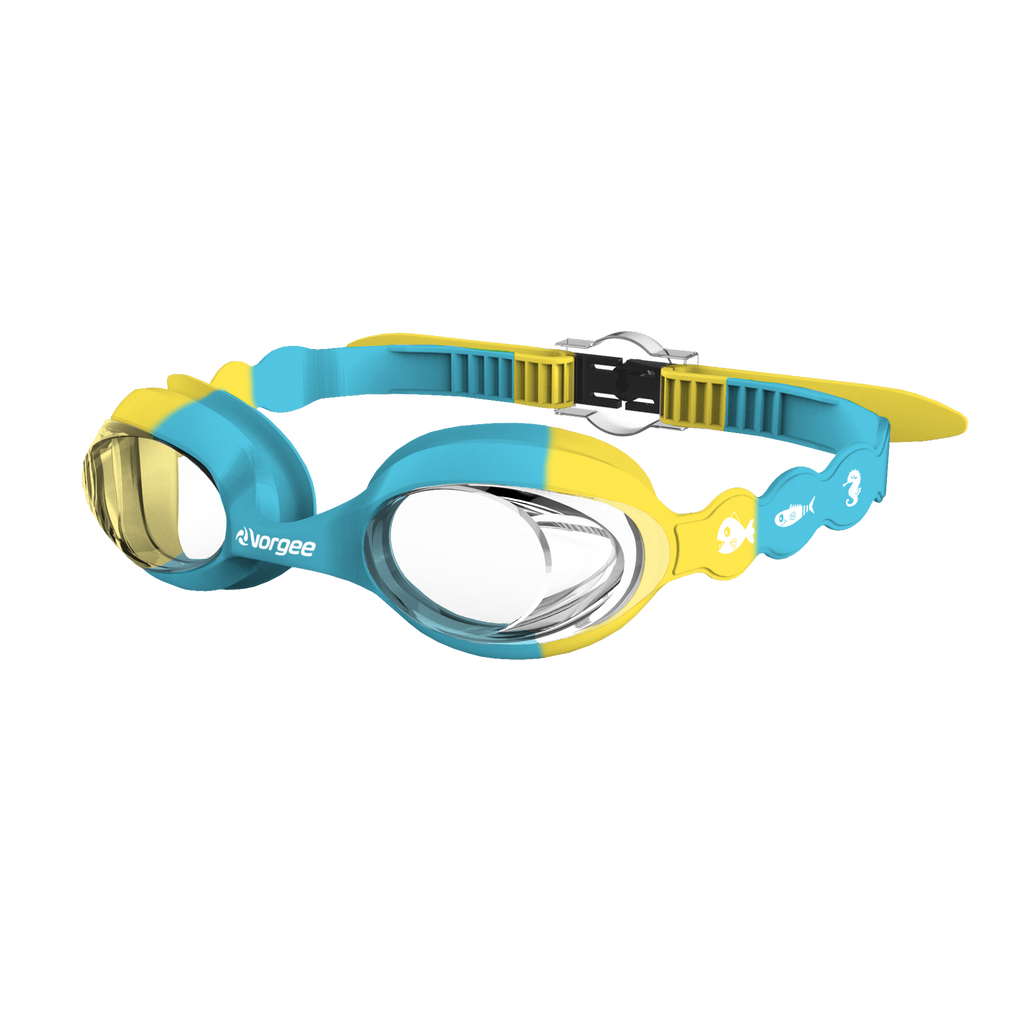Seahorse Clear junior swimming goggle in Blue & Yellow with white sea animals printed on the straps