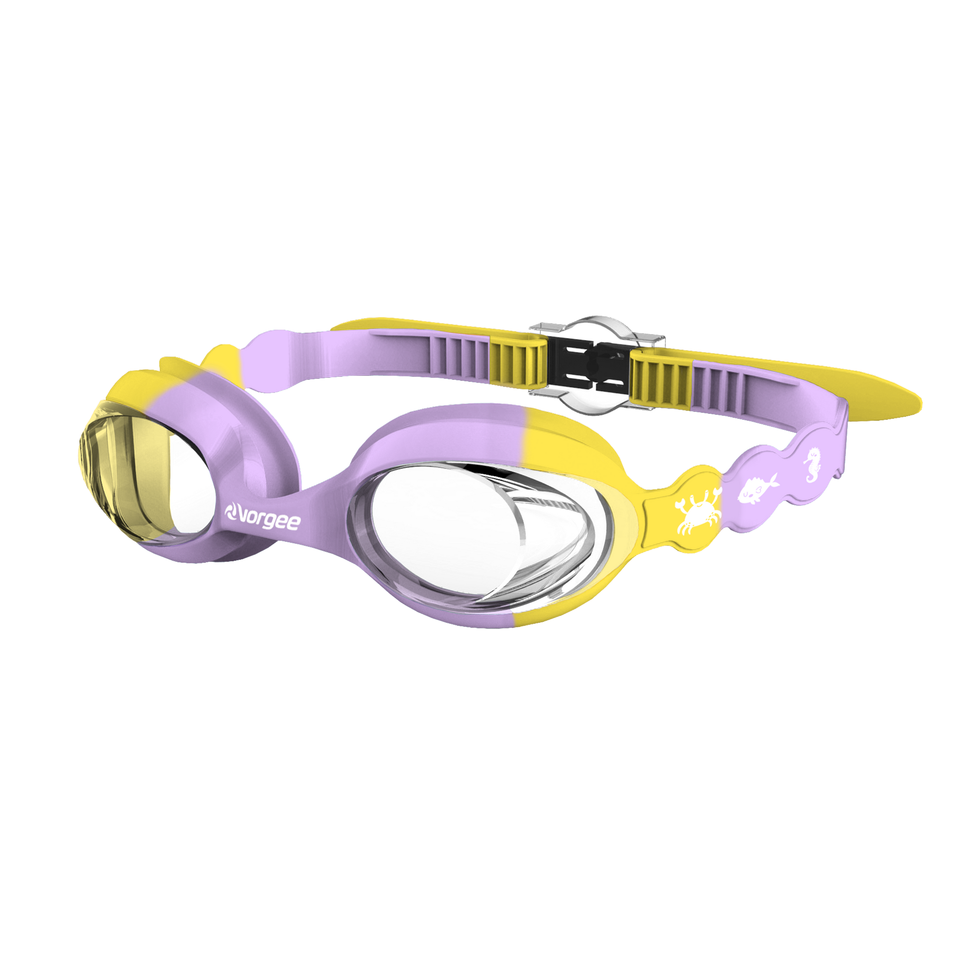 Seahorse Clear junior swimming goggle in Lilac & Yellow with white sea animals printed on the straps