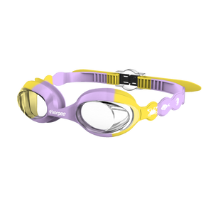 Seahorse Clear junior swimming goggle in Lilac & Yellow with white sea animals printed on the straps