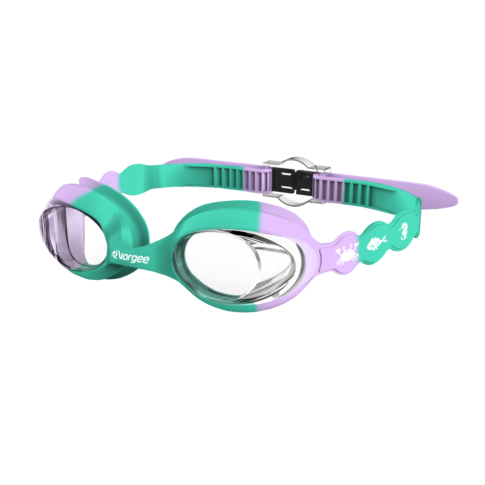 Seahorse Clear junior swimming goggle in Mint Green & Lilac with white sea animals printed on the straps