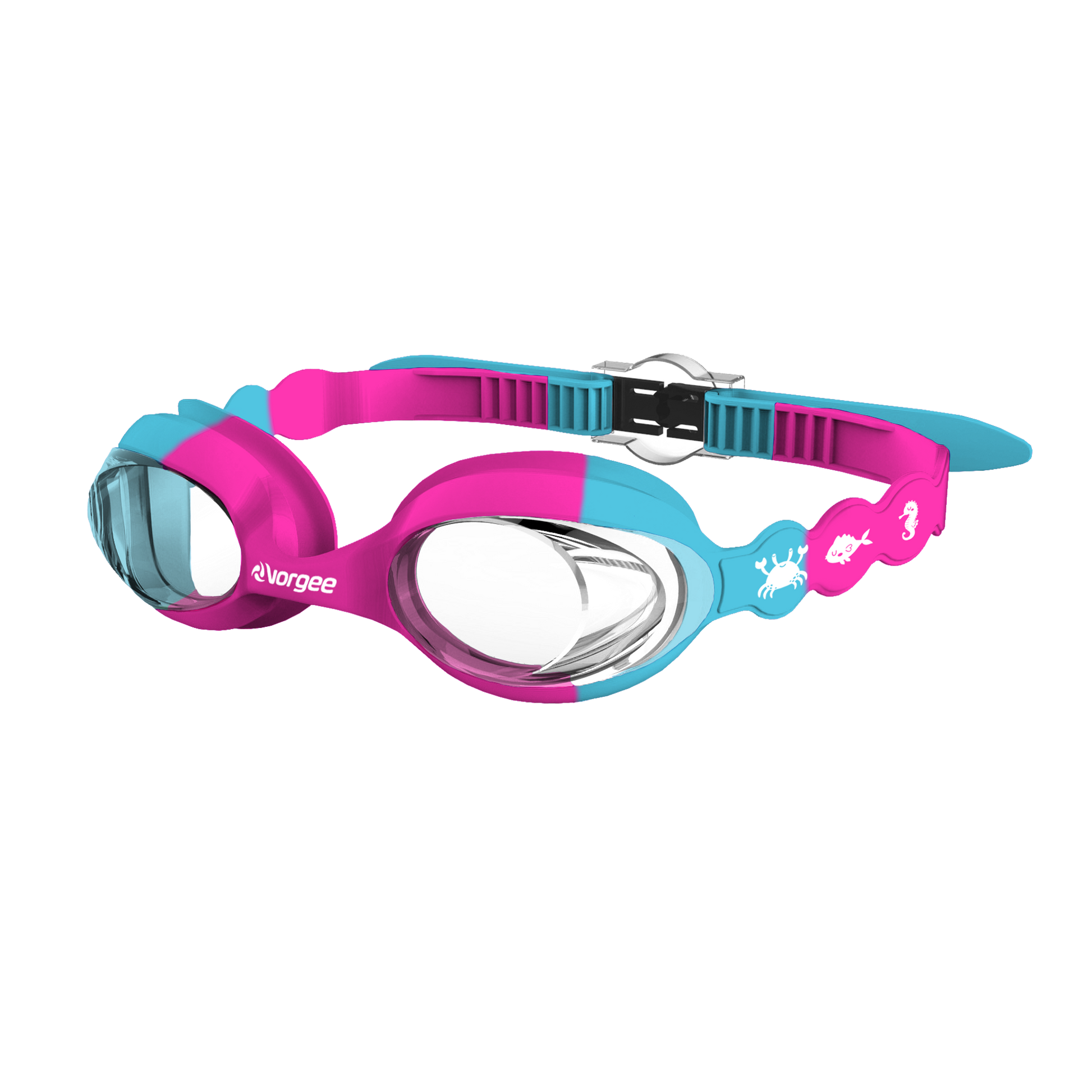 Seahorse Clear junior swimming goggle in Pink & Blue with white sea animals printed on the straps