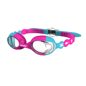 Seahorse Clear junior swimming goggle in Pink & Blue with white sea animals printed on the straps