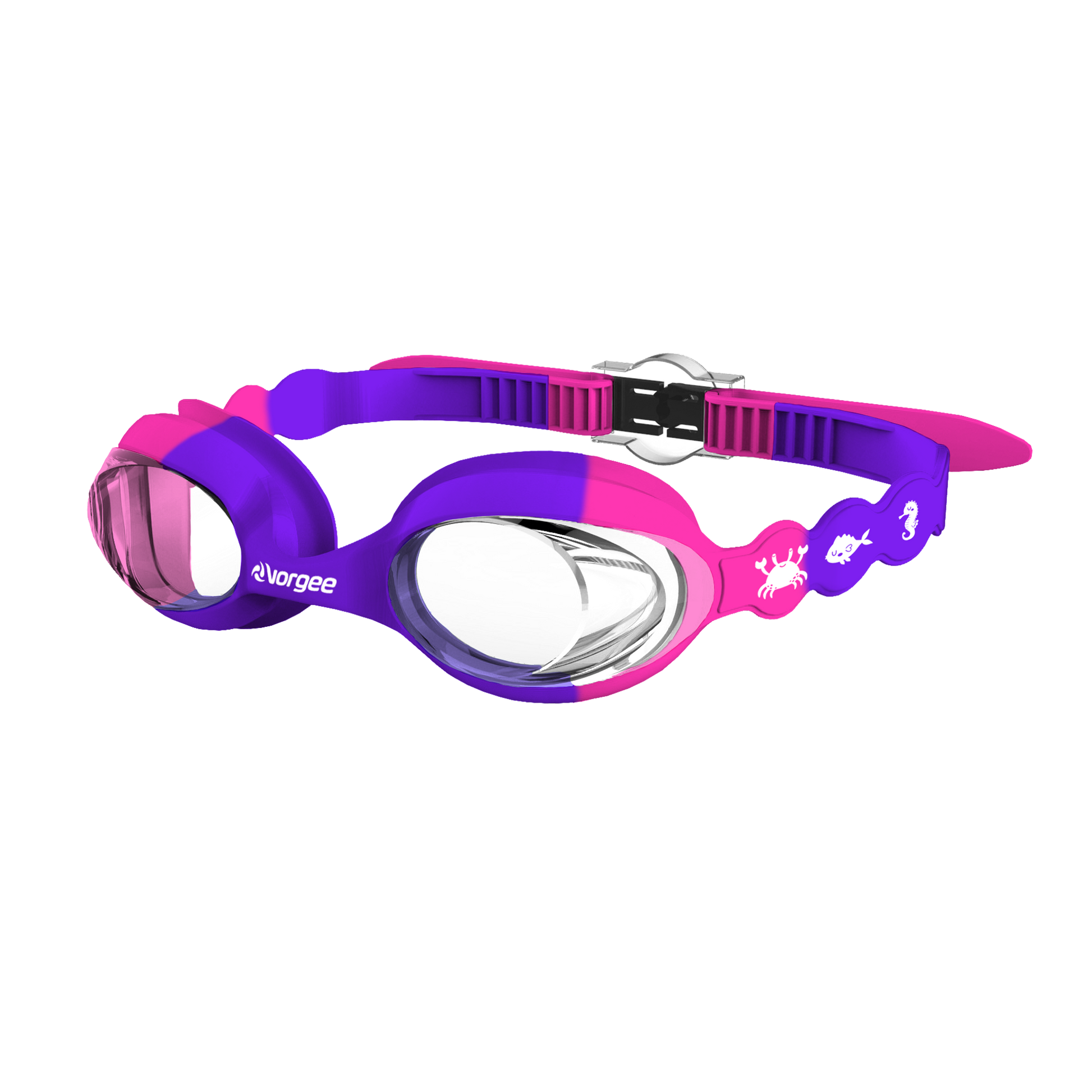Seahorse Clear junior swimming goggle in Purple & Pink with white sea animals printed on the straps
