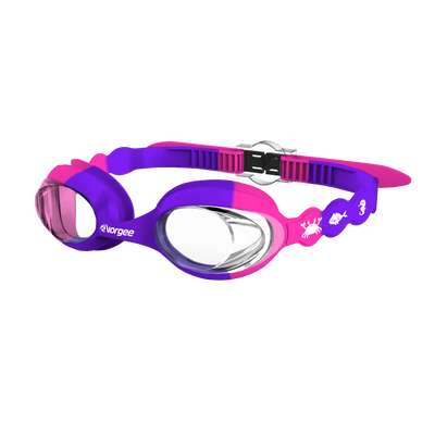 Seahorse Clear junior swimming goggle in Purple & Pink with white sea animals printed on the straps