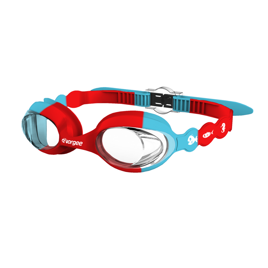 Seahorse Clear junior swimming goggle in Red & Blue with white sea animals printed on the straps