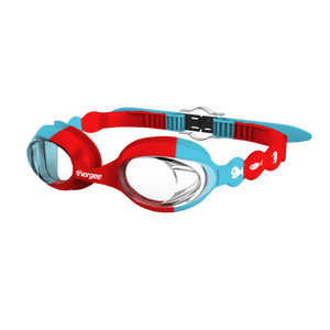 Seahorse Clear junior swimming goggle in Red & Blue with white sea animals printed on the straps