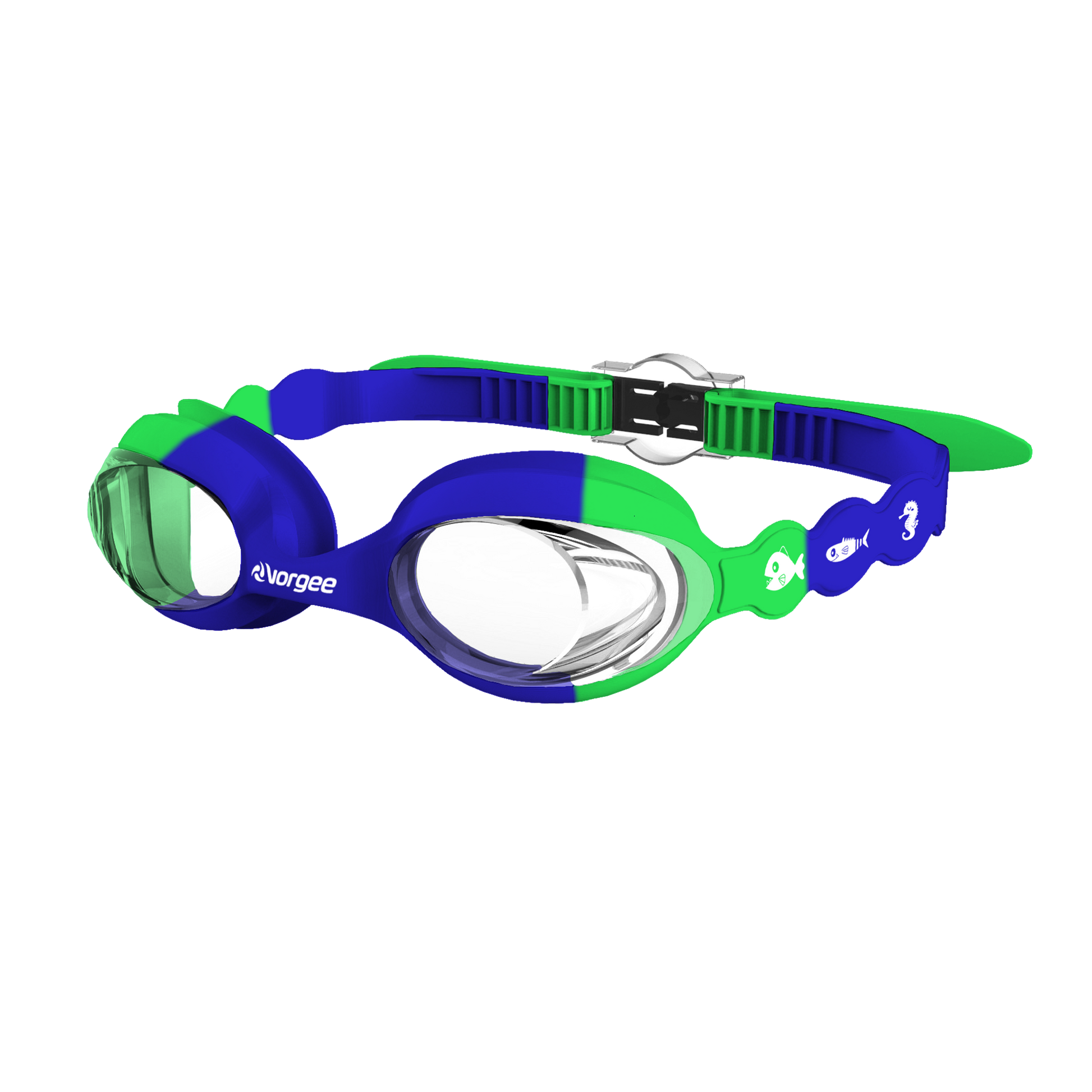 Seahorse Clear junior swimming goggle in Royal Blue & Green with white sea animals printed on the straps