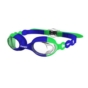 Seahorse Clear junior swimming goggle in Royal Blue & Green with white sea animals printed on the straps