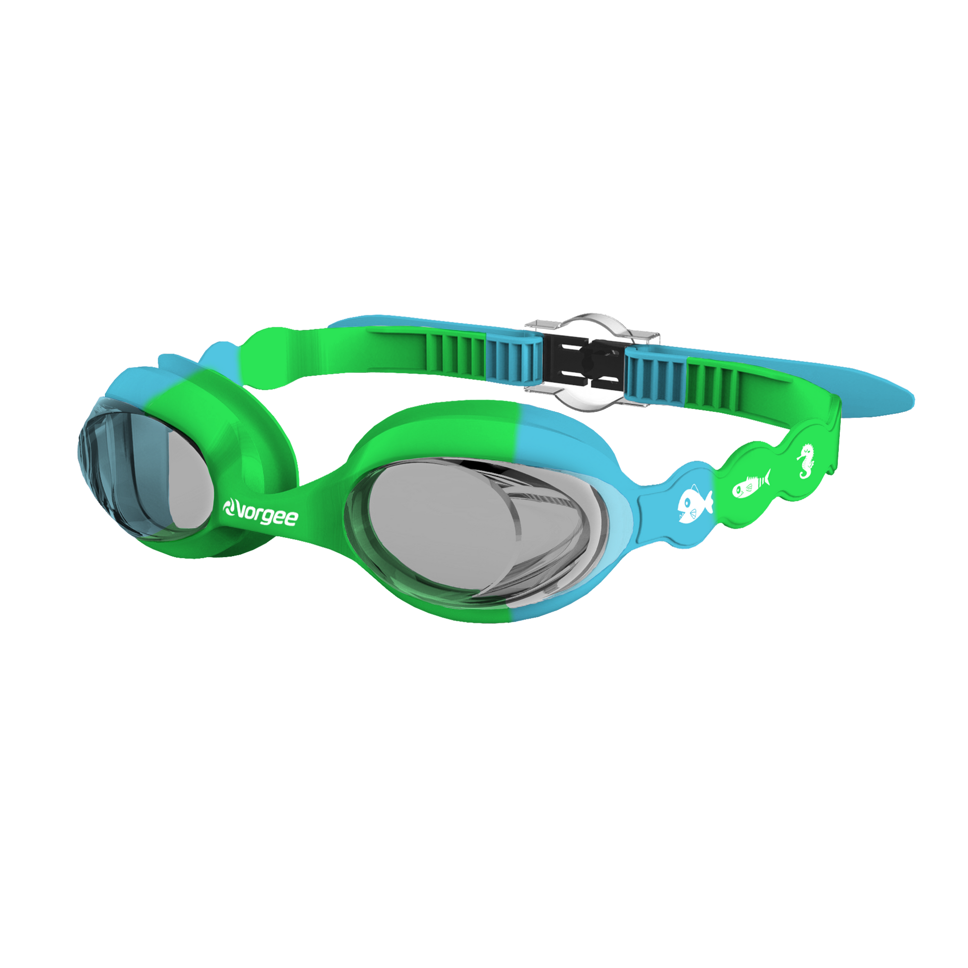 SeahorseTint junior swimming goggle in Green & Blue with white sea animals printed on the straps