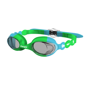 SeahorseTint junior swimming goggle in Green & Blue with white sea animals printed on the straps