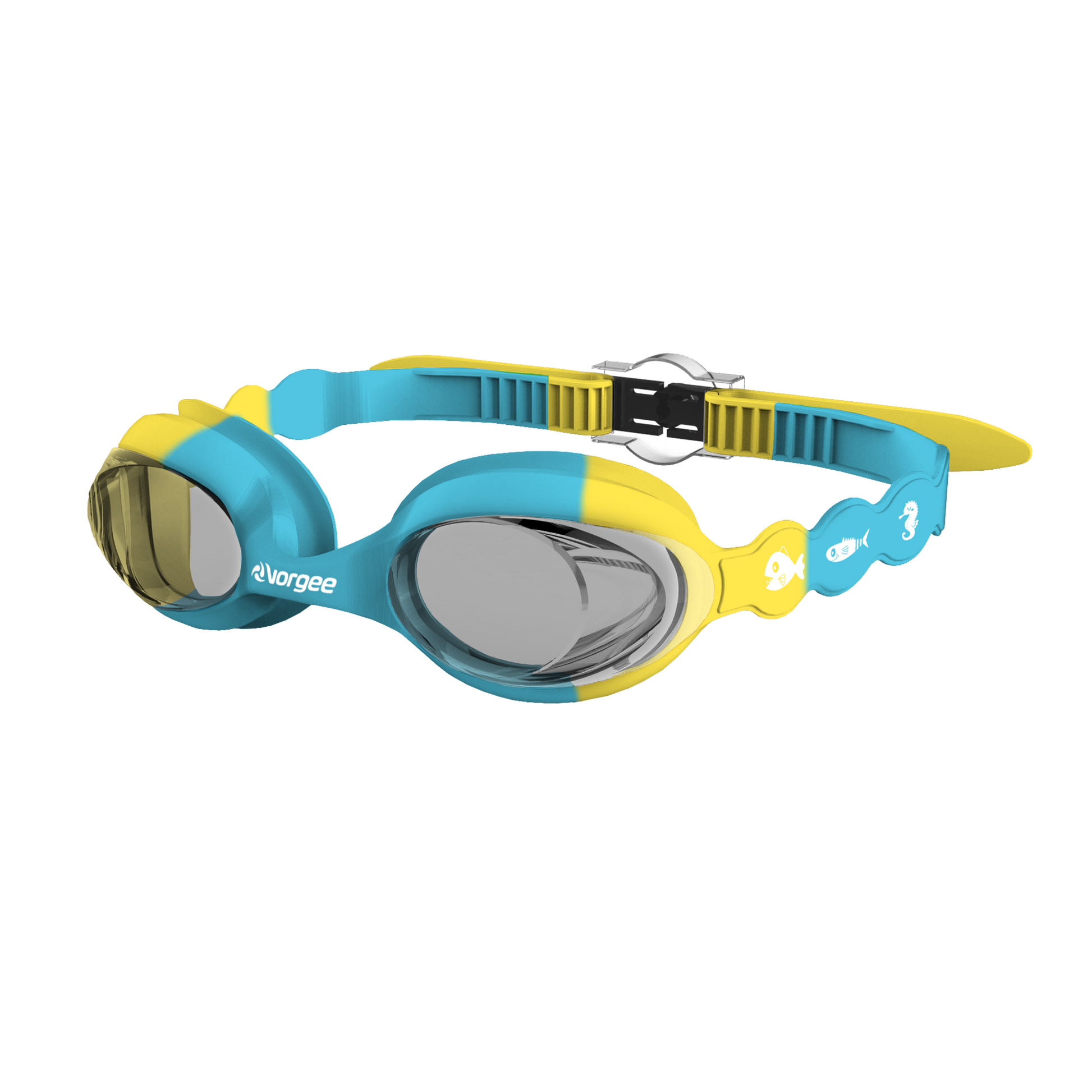 SeahorseTint junior swimming goggle in Blue & Yellow with white sea animals printed on the straps