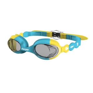 SeahorseTint junior swimming goggle in Blue & Yellow with white sea animals printed on the straps