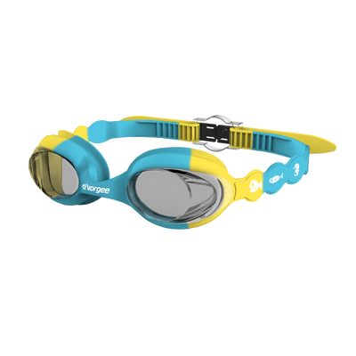 SeahorseTint junior swimming goggle in Blue & Yellow with white sea animals printed on the straps
