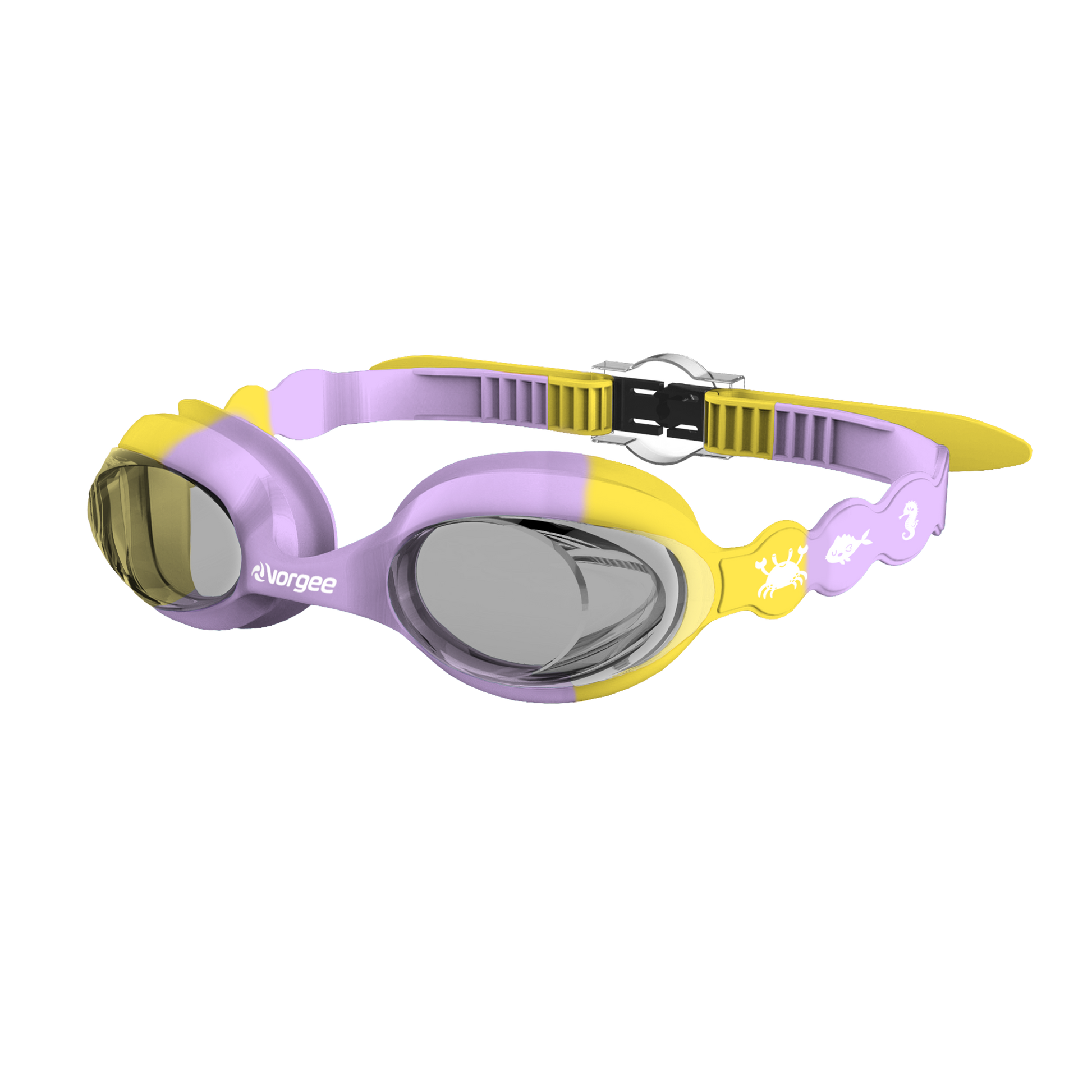 SeahorseTint junior swimming goggle in Lilac & Yellow with white sea animals printed on the straps