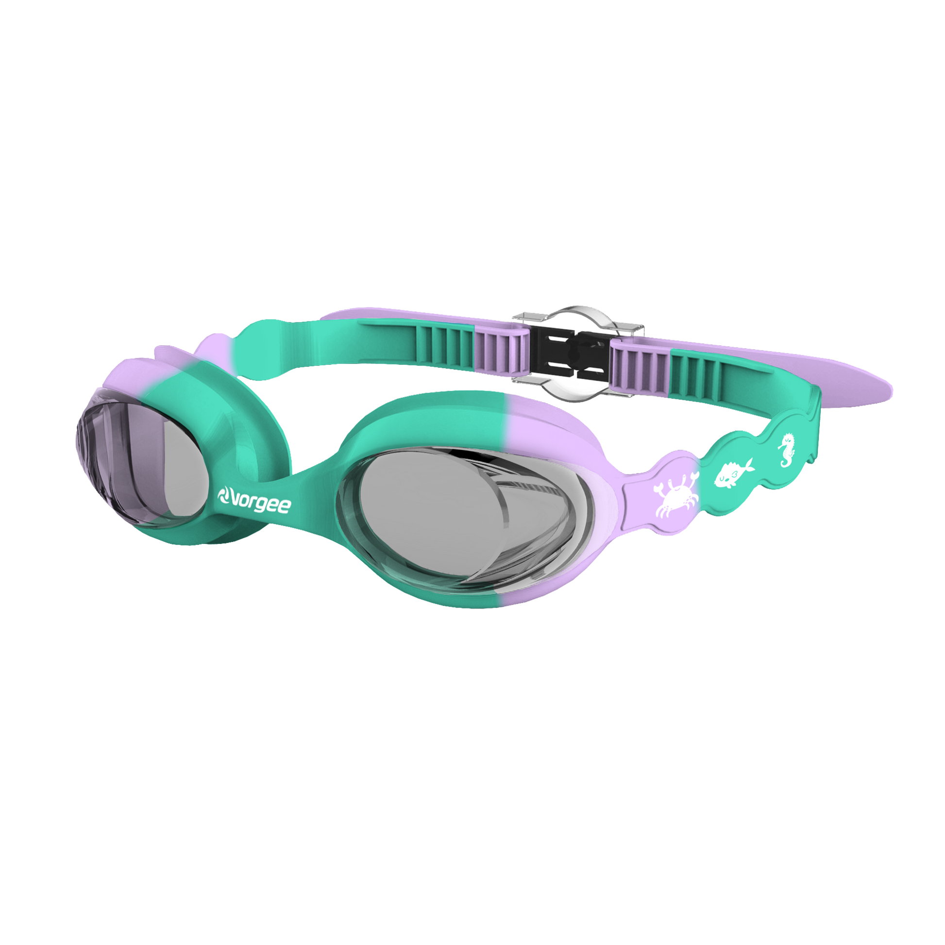 SeahorseTint junior swimming goggle in Mint Green & Lilac with white sea animals printed on the straps 