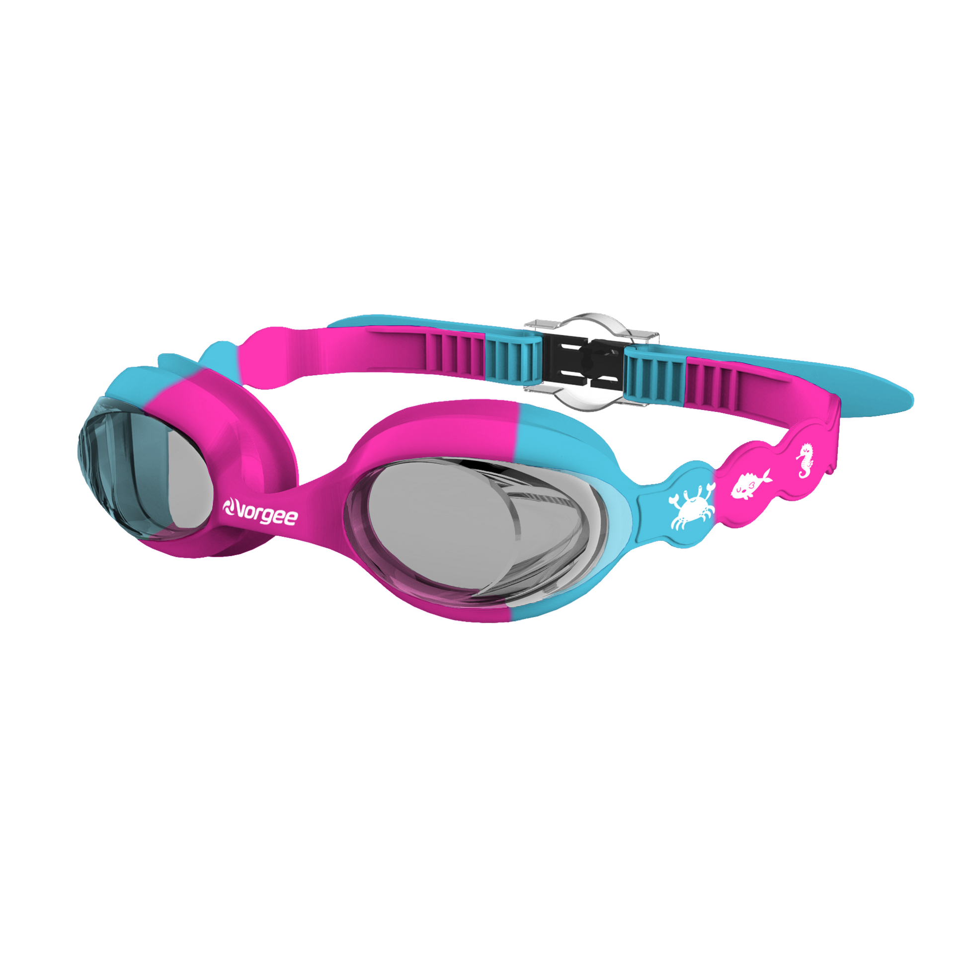SeahorseTint junior swimming goggle in Pink & Blue with white sea animals printed on the straps