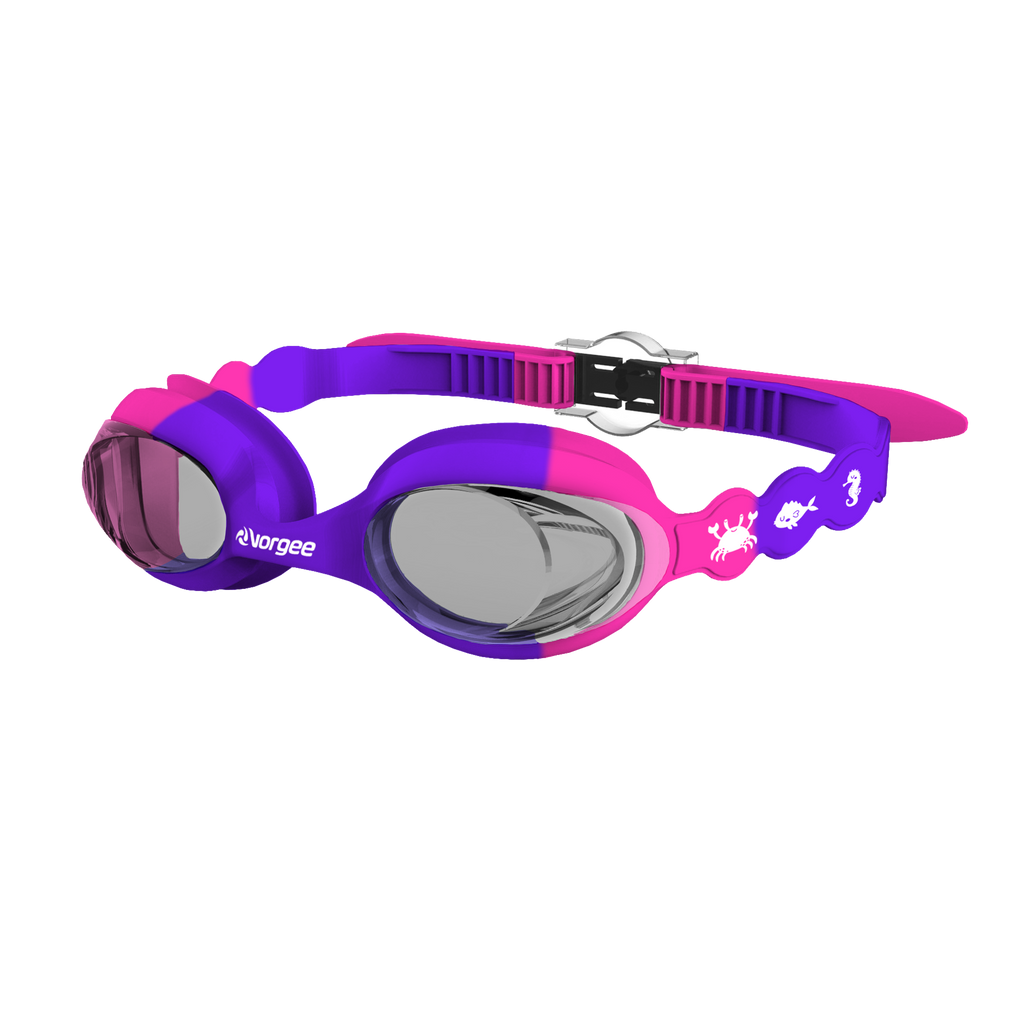 SeahorseTint junior swimming goggle in Purple & Pink with white sea animals printed on the straps