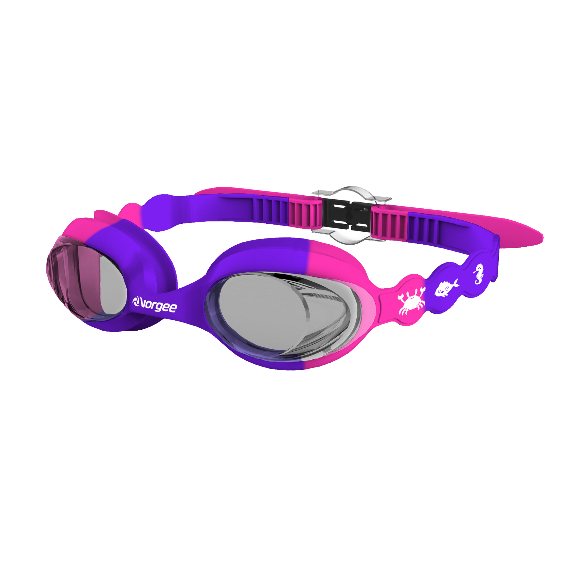 SeahorseTint junior swimming goggle in Purple & Pink with white sea animals printed on the straps