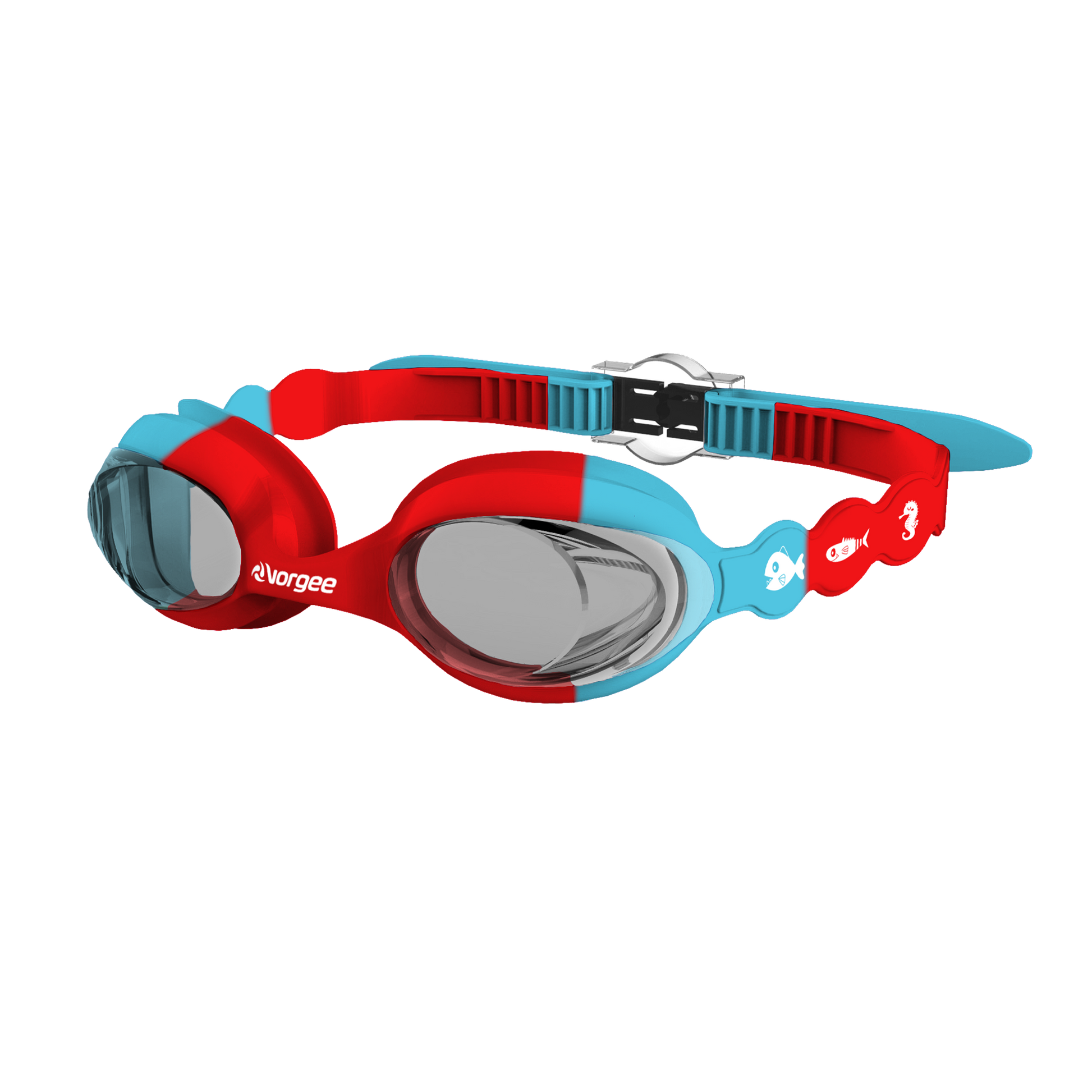 SeahorseTint junior swimming goggle in Red & Blue with white sea animals printed on the straps