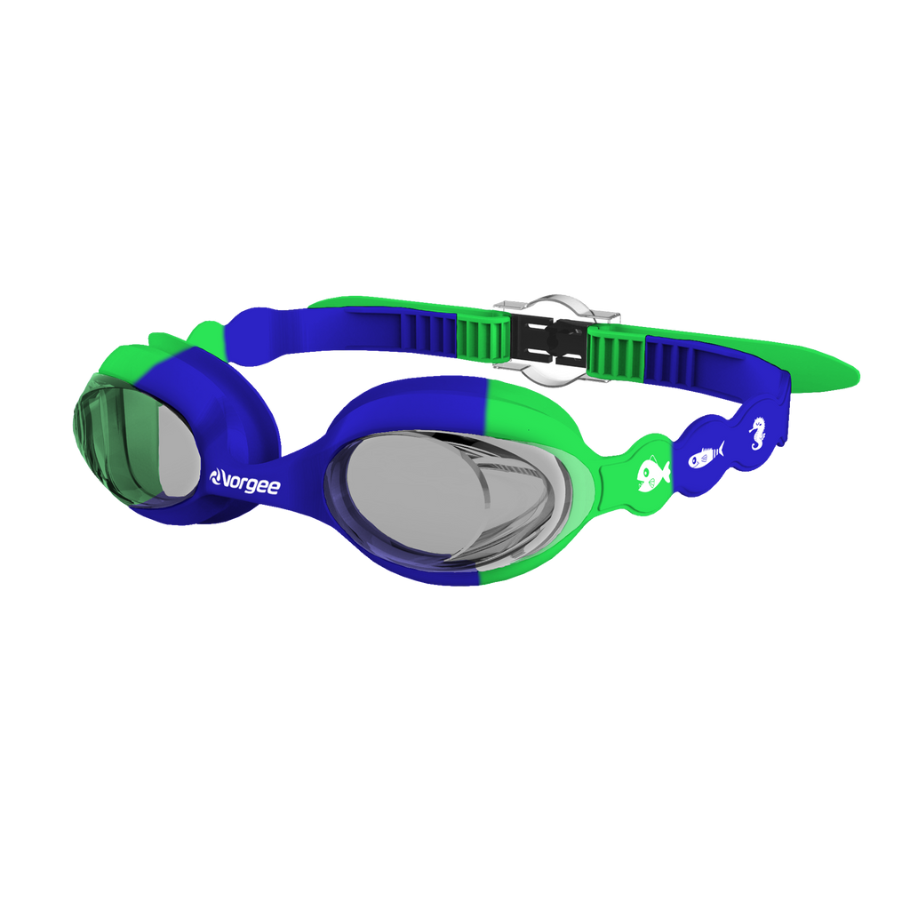 SeahorseTint junior swimming goggle in Royal Blue & Green with white sea animals printed on the straps