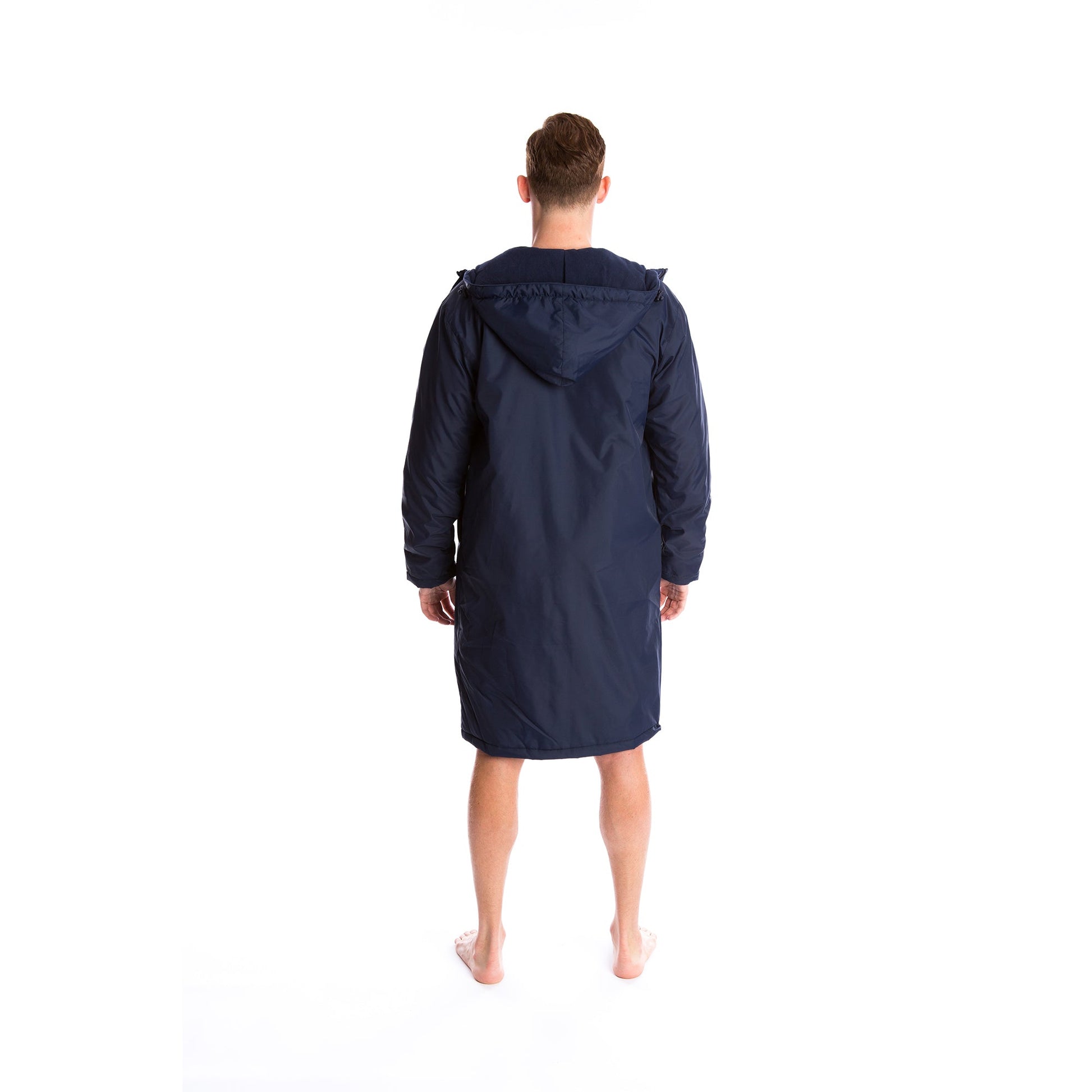 long sleeved and longer length swim coat with zip and button fastening, hood and fleece lining in navy