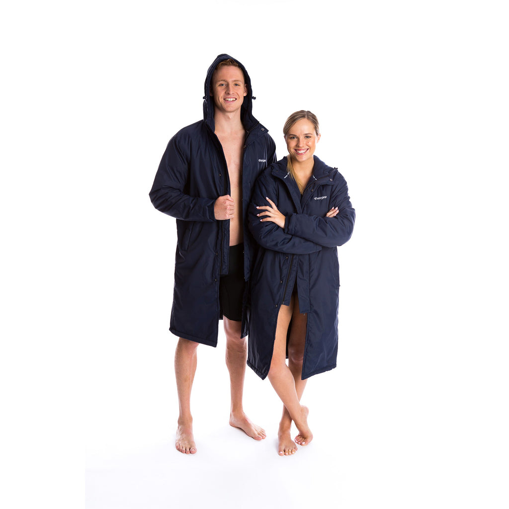 long sleeved and longer length swim coat with zip and button fastening, hood and fleece lining in navy