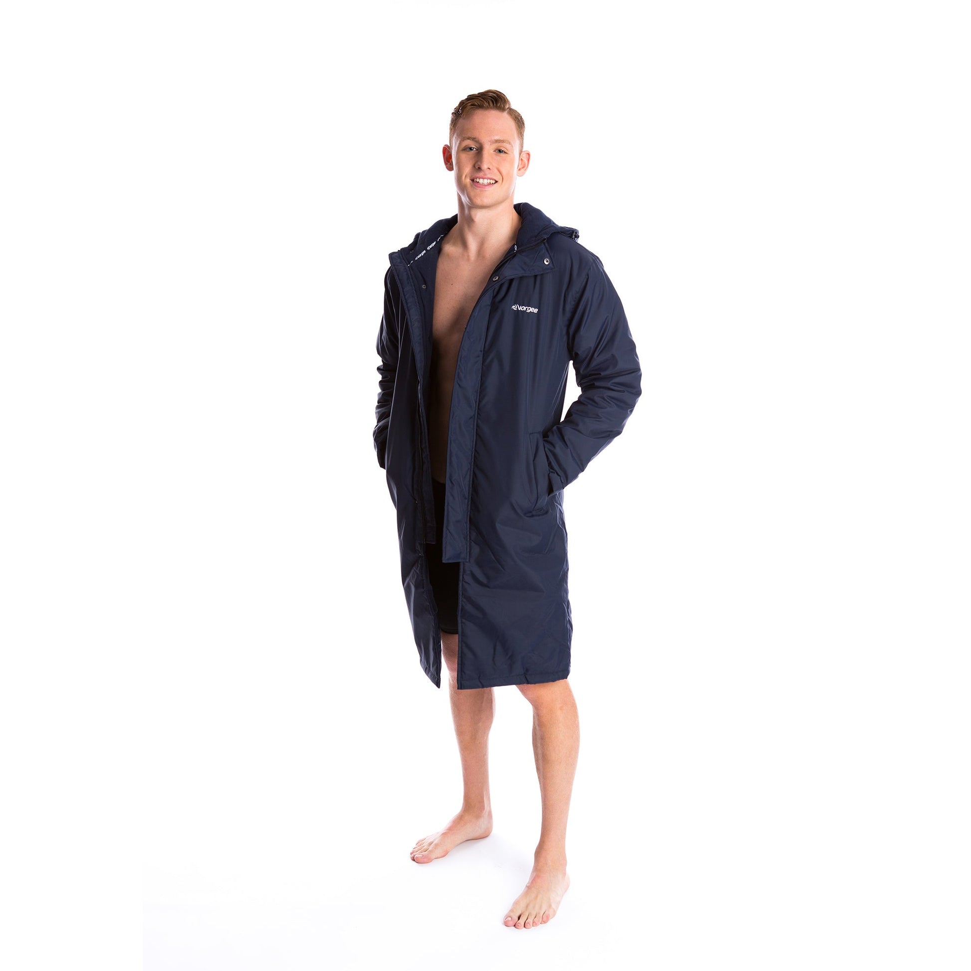 long sleeved and longer length swim coat with zip and button fastening, hood and fleece lining in navy