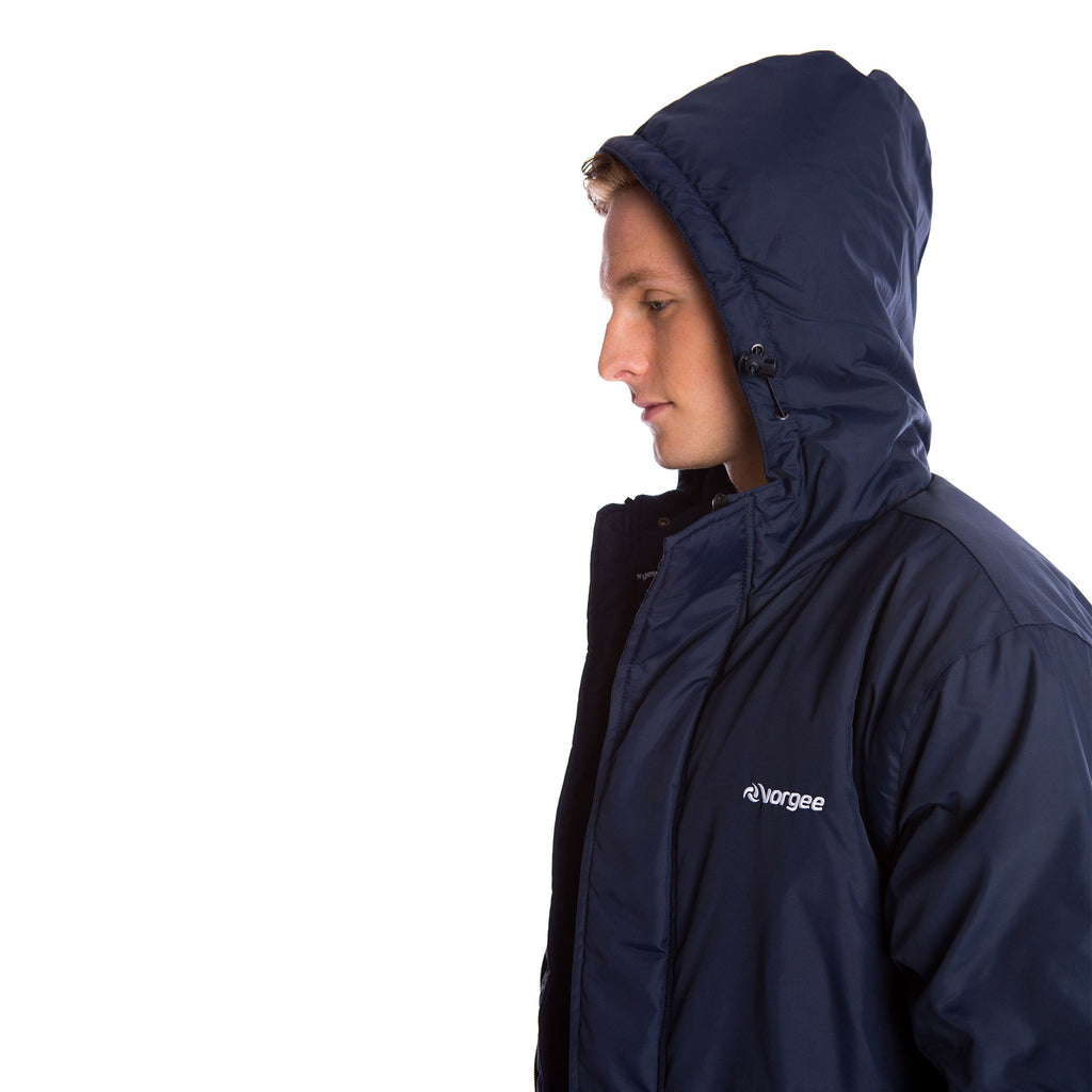 long sleeved and longer length swim coat with zip and button fastening, hood and fleece lining in navy