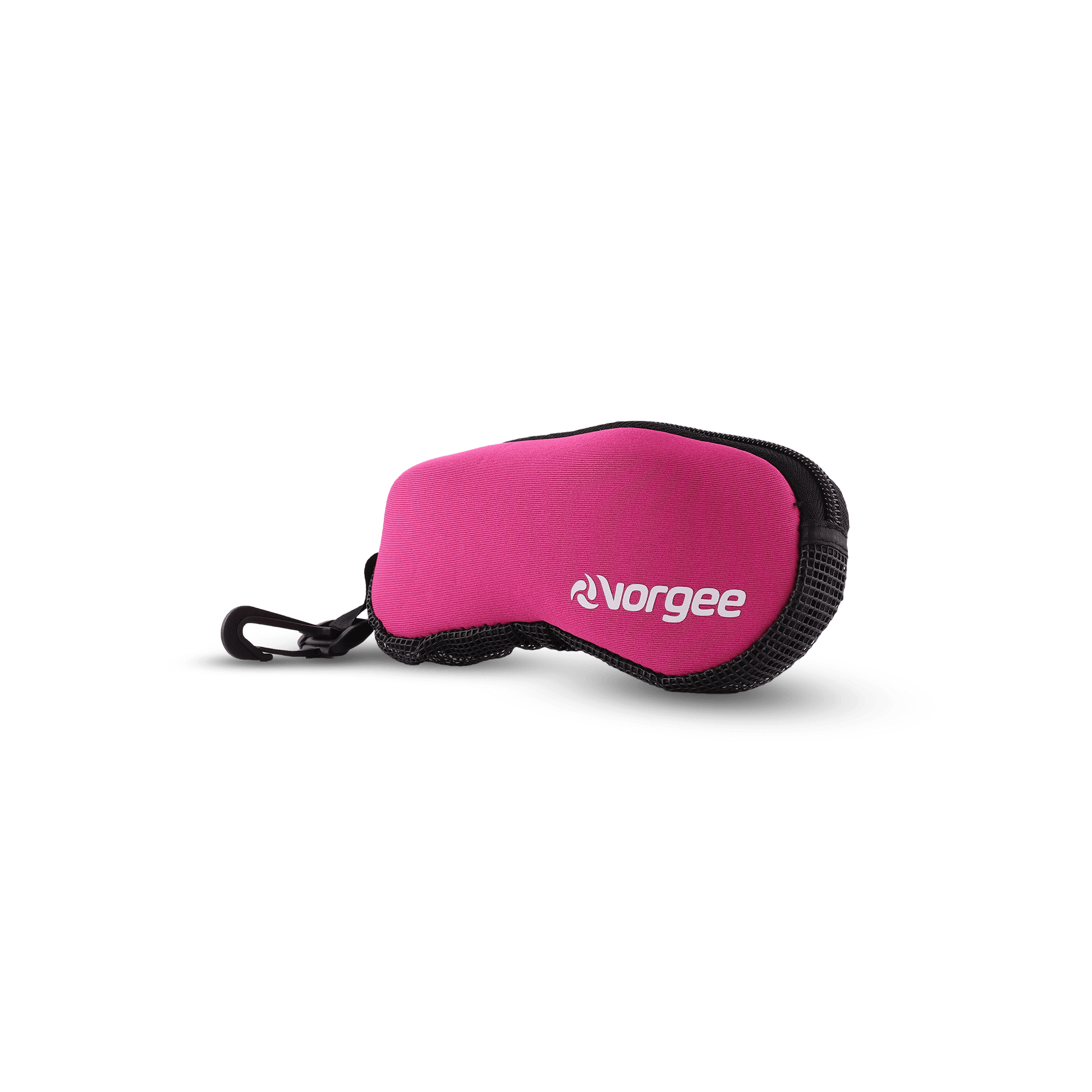 Protective neoprene goggle pouch with black mesh side panels in pink