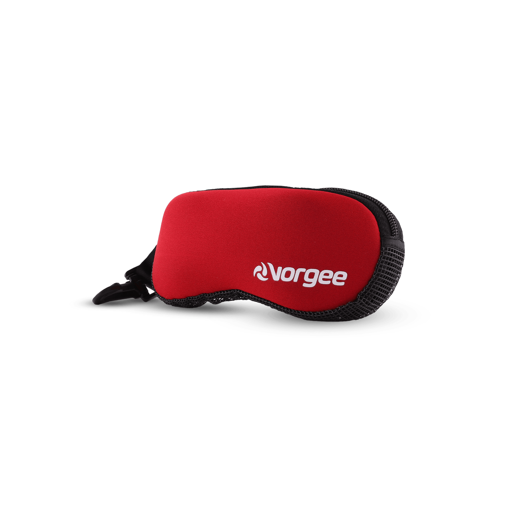 Protective neoprene goggle pouch with black mesh side panels in red