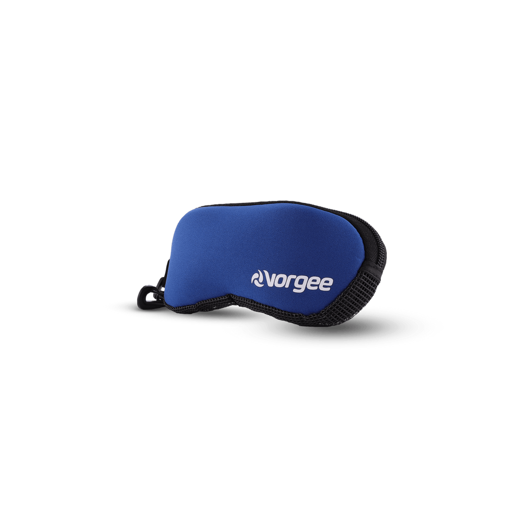 Protective neoprene goggle pouch with black mesh side panels in blue