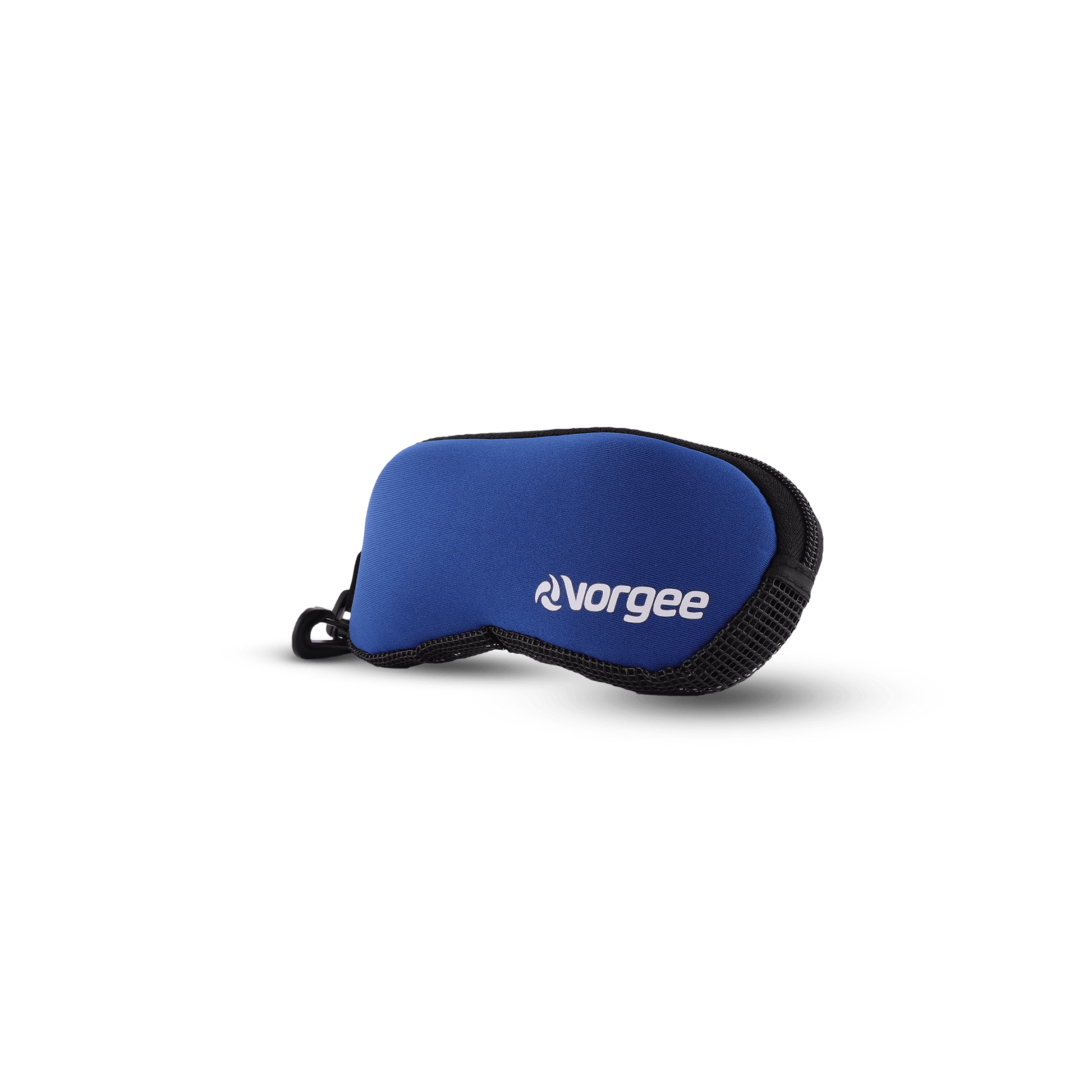 Protective neoprene goggle pouch with black mesh side panels in blue