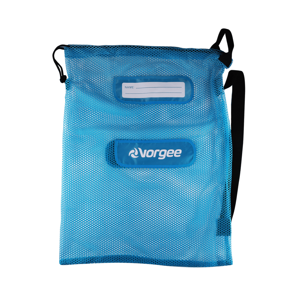 Mesh swim equipment bag with white  vorgee logo on front in aqua 