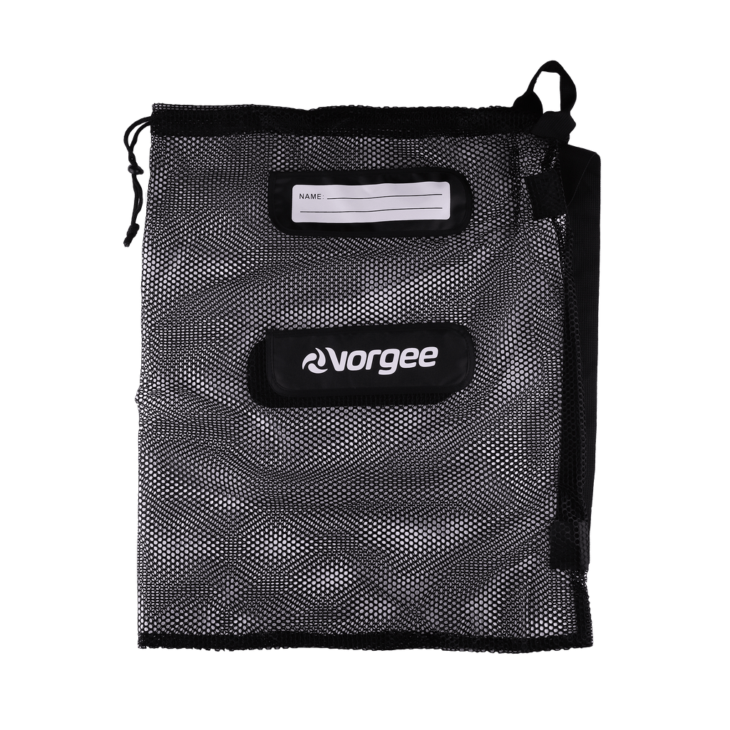 Mesh swim equipment bag with white  vorgee logo on front in black