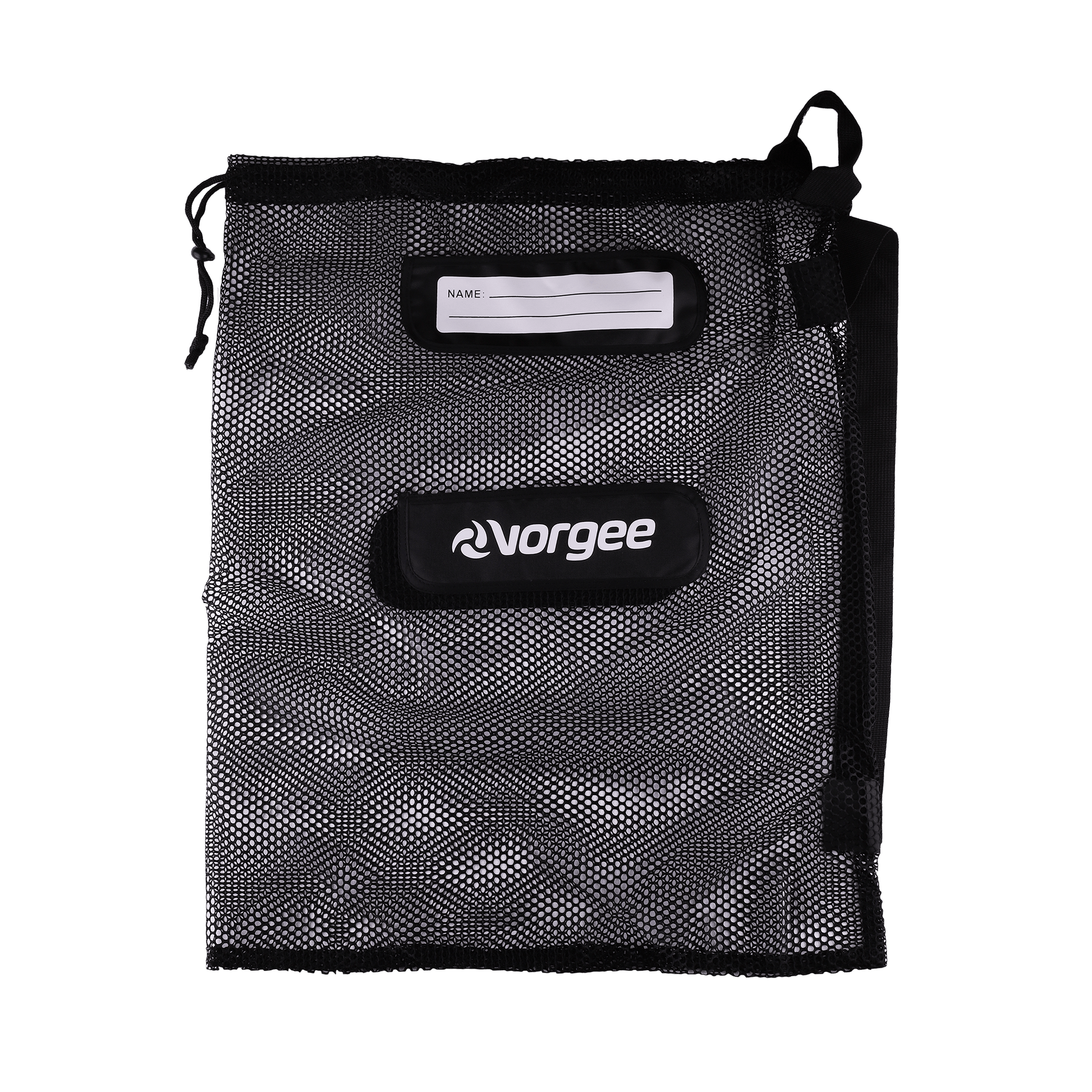 Mesh swim equipment bag with white  vorgee logo on front in black
