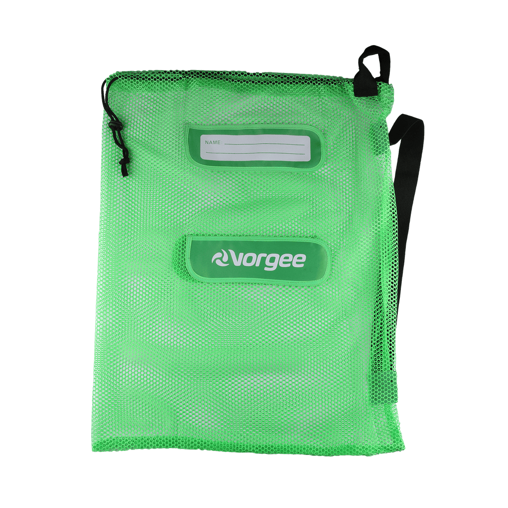 Mesh swim equipment bag with white  vorgee logo on front in fluro green 