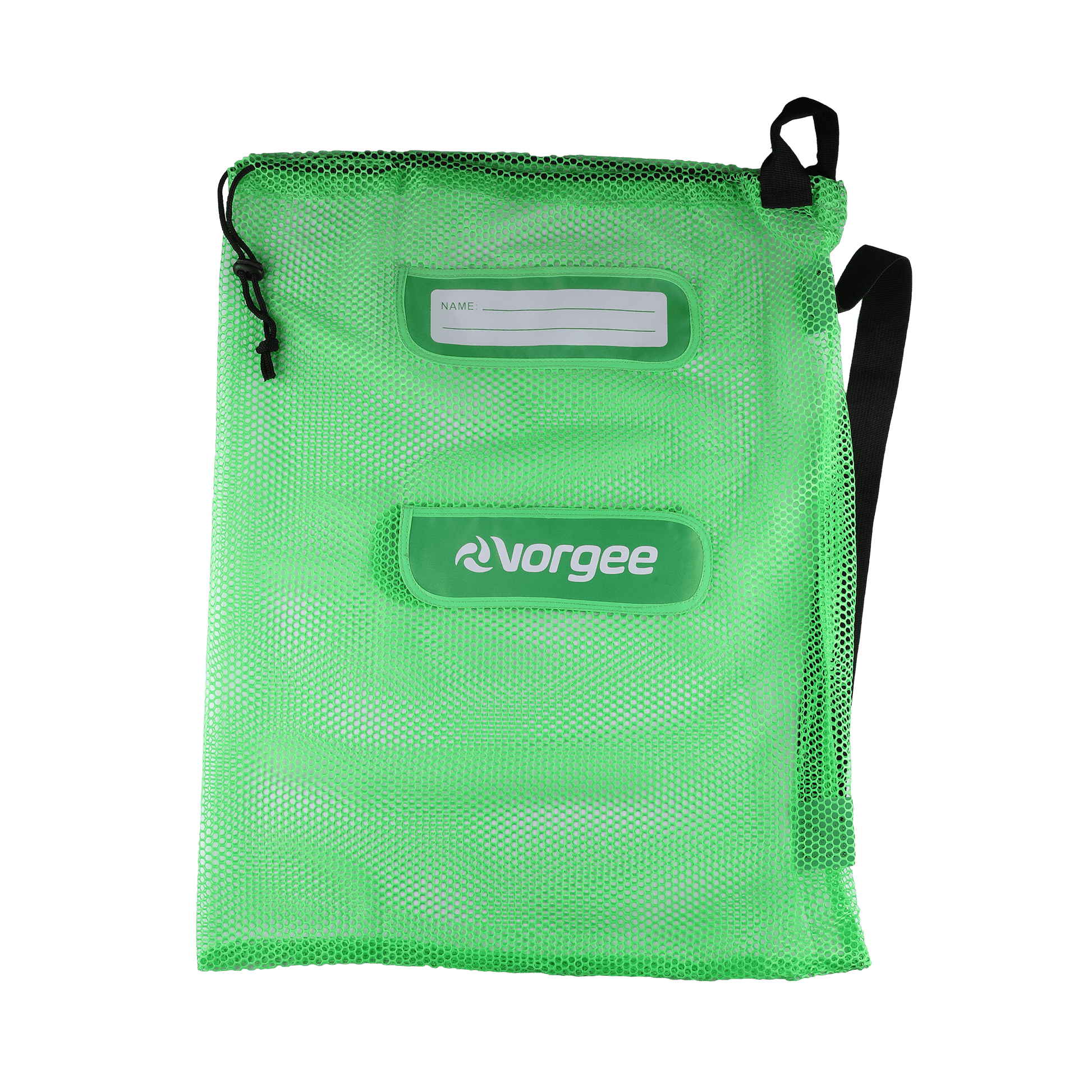 Mesh swim equipment bag with white  vorgee logo on front in fluro green 
