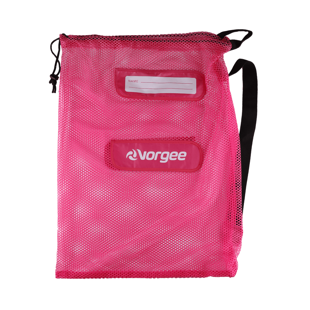 Mesh swim equipment bag with white vorgee logo on front in fluro pink 