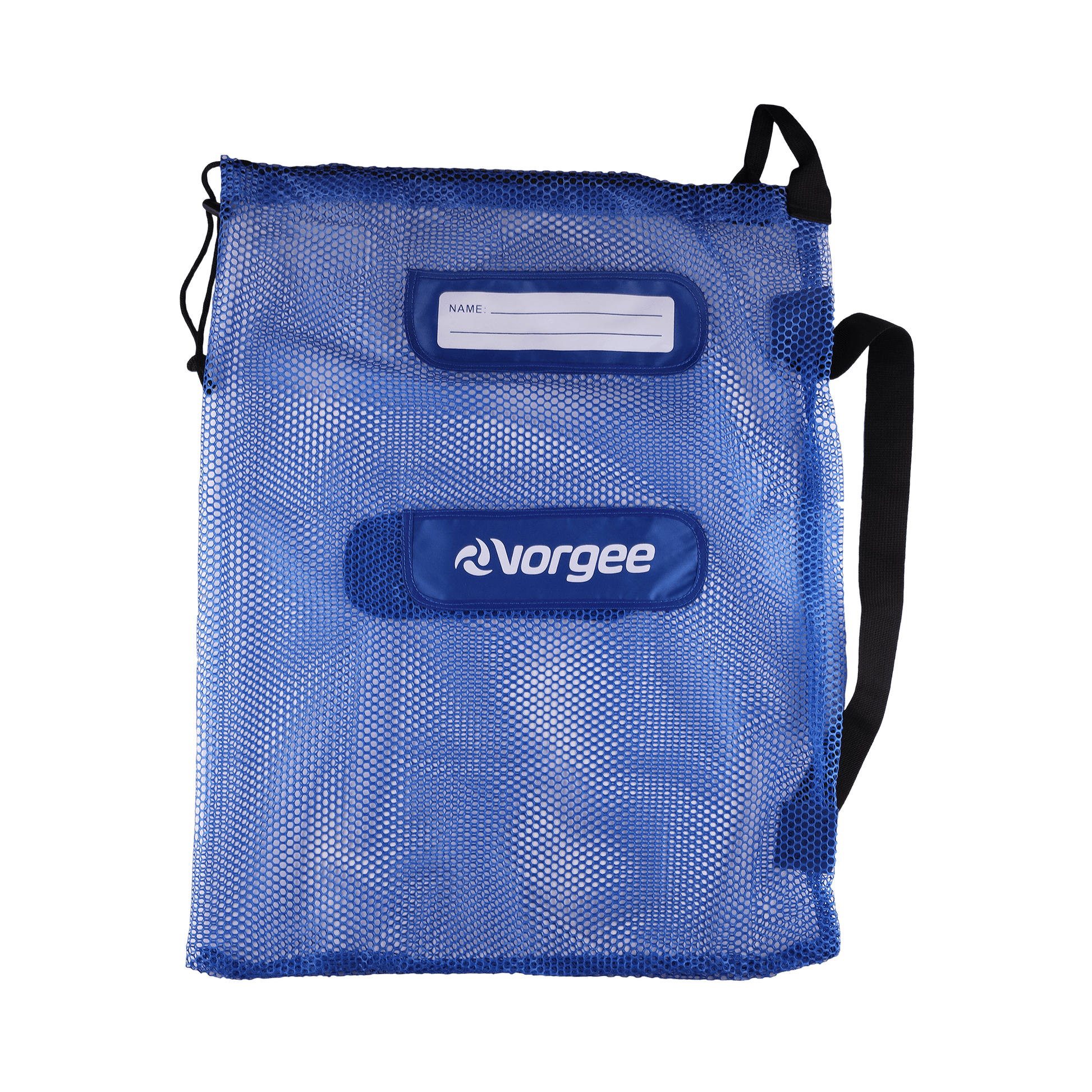 Mesh swim equipment bag with white  vorgee logo on front in royal blue
