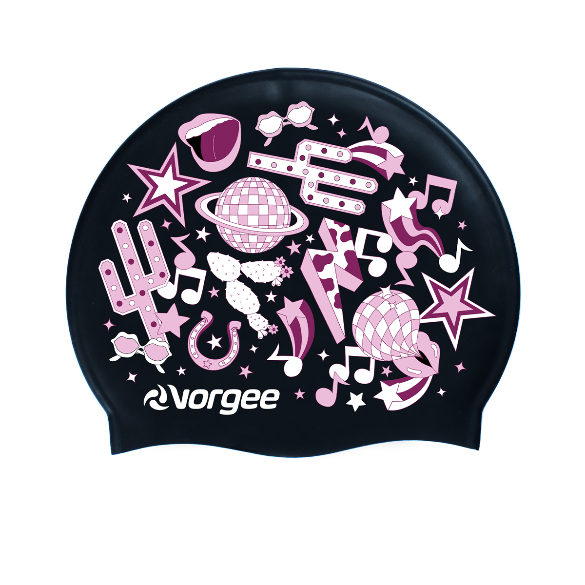 Miss Glamour printed silicone swimming cap with disco cowgirl print in black, white and pink 