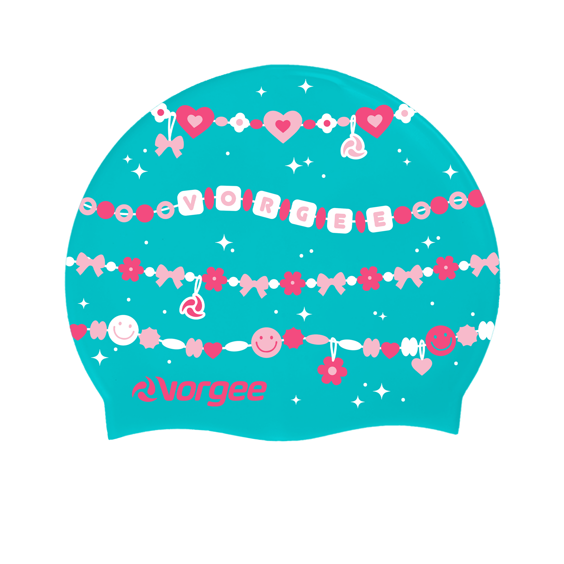 Miss Glamour printed silicone swimming cap with friendship bracelet in blue, white and pink