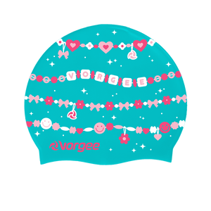 Miss Glamour printed silicone swimming cap with friendship bracelet in blue, white and pink