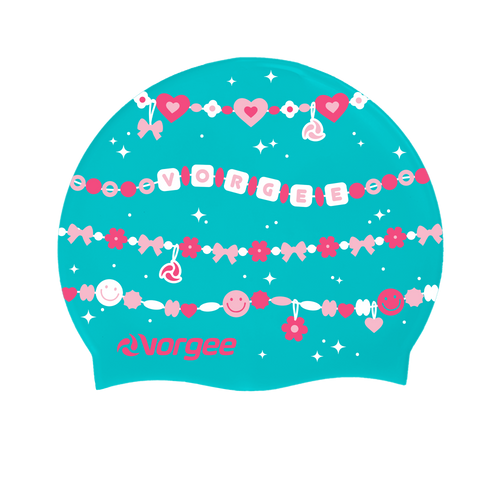 Miss Glamour printed silicone swimming cap with friendship bracelet in blue, white and pink