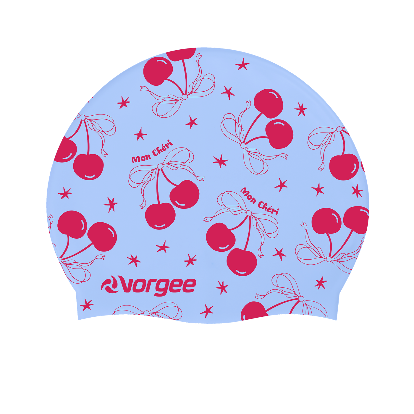 Miss Glamour printed silicone swimming cap with cherry print and the words mon cheri in light blue and red